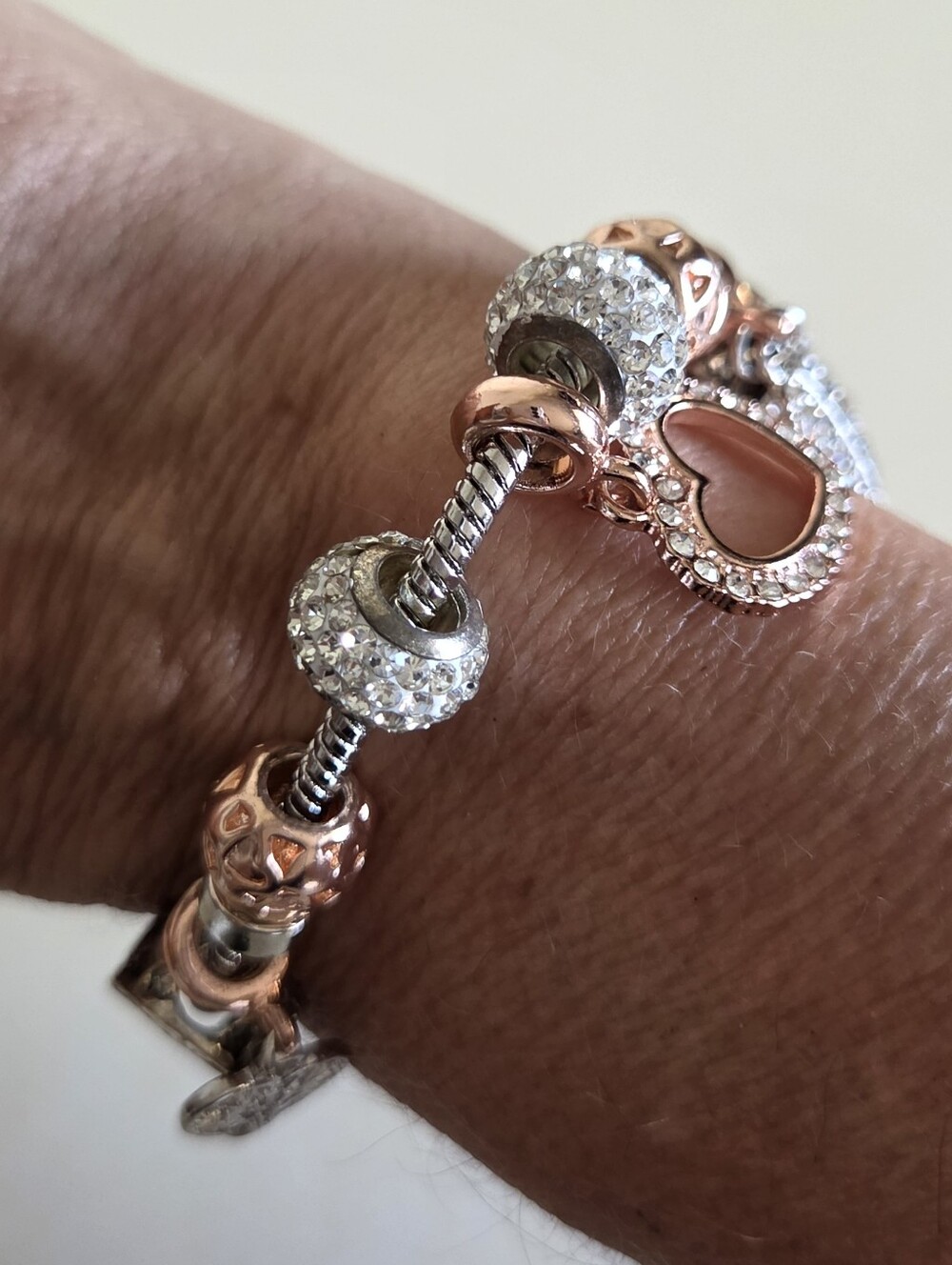 beautiful mixed-metal pandora style charm bracelet silver & rose gold tone - Picture 2 of 4